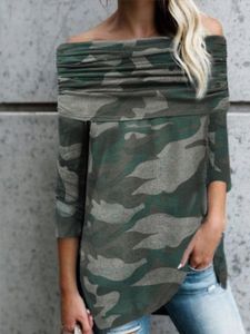 Army Green Camo Ruched Off The Shoulder Long Sleeves Blouse
