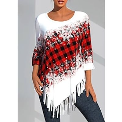Women's T shirt Tee Christmas Shirt Red Plaid Snowflake Asymmetrical Print Long Sleeve Christmas Weekend Festival  Holiday Round Neck Regular Fit Geometric Painting Spring   Fall Lightinthebox