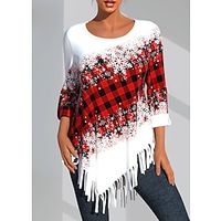 Women's T shirt Tee Christmas Shirt Red Plaid Snowflake Asymmetrical Print Long Sleeve Christmas Weekend Festival  Holiday Round Neck Regular Fit Geometric Painting Spring   Fall Lightinthebox - thumbnail