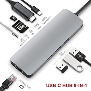 USB C Hub9-in-1 Type C Adapter with Gigabit Ethernet 4K HDMI USB 3.0 SD/TF PD Audio USB Splitter for Apple Mac Pro/Air Laptops miniinthebox