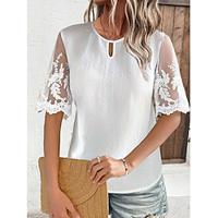 Shirt Blouse Women's White Plain Lace Street Daily Fashion Round Neck Regular Fit S Lightinthebox