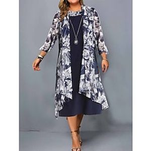 Women's Plus Size Casual Dress Dress Set Chiffon Dress Floral Midi Dress 34 Length Sleeve Print Crew Neck Fashion Outdoor Navy Blue Summer Spring L XL XXL 3XL 4XL Lightinthebox