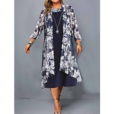 Women's Plus Size Casual Dress Dress Set Chiffon Dress Floral Midi Dress 34 Length Sleeve Print Crew Neck Fashion Outdoor Navy Blue Summer Spring L XL XXL 3XL 4XL Lightinthebox