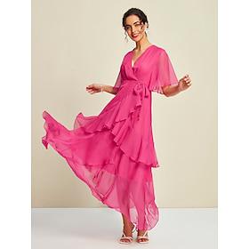 Pink Chiffon Wedding Guest/Party Solid Ruffle Sleeve Elegant Maxi Dressdress to impress 2024