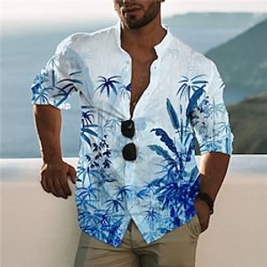 Men's Shirt 3D Print Coconut Tree Stand Collar Casual Daily Button-Down Print Long Sleeve Tops Designer Casual Fashion Comfortable Blue Lightinthebox