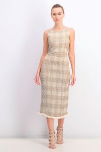 Womens Fringe Hem Midi Dress  Beige Combo