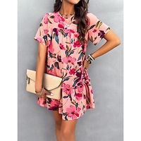 Women's Casual Dress Sundress Floral Graphic Patchwork Print Crew Neck Cap Sleeve Mini Dress Elegant Tropical Party Holiday Short Sleeve Slim Black Pink Green Summer Spring S M L XL Lightinthebox