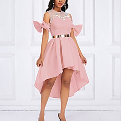 Women's Swing Dress Midi Dress Pink belt Short Sleeve Solid Color Ruched pearl Fall Winter Round Neck Elegant 2021 S M L XL / Party Dress miniinthebox