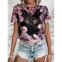 Women's T shirt Tee Floral Animal Daily Weekend Print Purple Short Sleeve Fashion Round Neck 3D cat Summer Lightinthebox