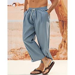 Men's Linen Pants Summer Pants Beach Pants Harem Pants Pocket Drawstring Elastic Waist Plain Comfort Breathable Daily Holiday Vacation Hawaiian Boho Light Blue Lightinthebox