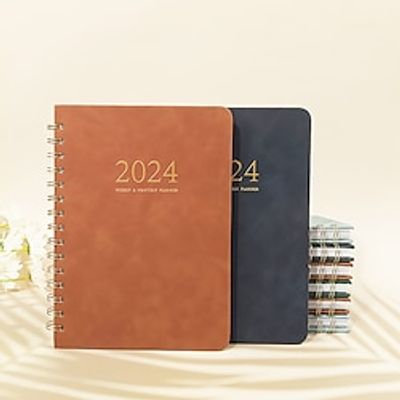 Printed Tabs 2024 Planner Calendar Notebook Wirebound Thick Paper Spiral Coil Schedule Book PU Leather Cover 365 Days miniinthebox