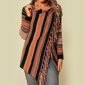 Women's Poncho Sweater Pullover Sweater jumper Cardigan Sweater Jumper Knit Tassel Knitted Striped V Neck Stylish Casual Daily Going out Winter Fall Khaki Light gray S M L / Cotton / Long Sleeve miniinthebox