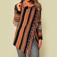 Women's Poncho Sweater Pullover Sweater jumper Cardigan Sweater Jumper Knit Tassel Knitted Striped V Neck Stylish Casual Daily Going out Winter Fall Khaki Light gray S M L / Cotton / Long Sleeve miniinthebox - thumbnail