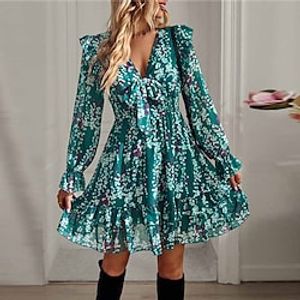 Women's Casual Dress Swing Dress Green Long Sleeve Floral Print Winter Fall V Neck Vacation Casual Fall Dress Loose Fit 2022 S M L XL / Winter Dress miniinthebox