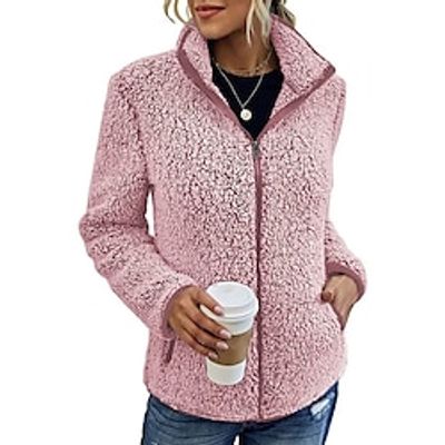Women's Winter Coat Fleece Sherpa Jacket Warm Zip up Teddy Coat with Pocket Stand Collar Cropped Jacket Casual Street Outerwear Long Sleeve Fall Lightinthebox