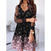 Women's Casual Dress Summer Dress Floral Mesh Patchwork Scalloped Neck Mini Dress Streetwear Street Holiday Long Sleeve Summer Lightinthebox