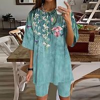 Women's Loungewear Sets 2 Pieces Flower Comfort Sweet Home Daily Polyester Crew Neck # Spring Summer Green Lightinthebox - thumbnail