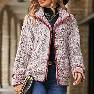 Women's Fleece Sherpa Jacket Teddy Coat Winter Coat Windproof Thermal Warm Heated Jacket Single Breasted Lapel Jacket Long Sleeve Fall Outerwear Wine Black Lightinthebox