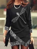 Round Neck Casual Loose Dragonfly Print Long Sleeve Short Dress