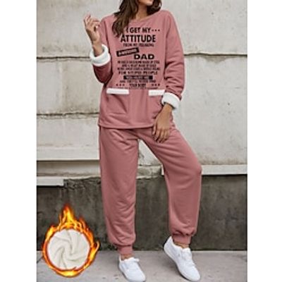 Women's Sweatshirt Tracksuit Pants Sets Fleece Lined Fleece Letter Black Dark Pink Blue Print Long Sleeve Outdoor Casual Warm Sports Round Neck Regular Fit Fall  Winter Lightinthebox