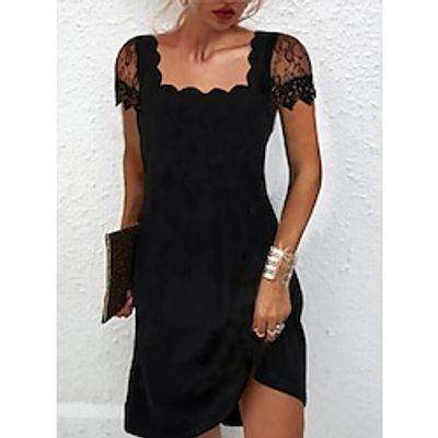 Women's A Line Dress Short Mini Dress Black Short Sleeve Solid Color Ruched Lace Spring Summer Square Neck Elegant Casual 2022 S M L XL XXL 3XL Lightinthebox Women's A Line Dress Short Mini Dress Black Short Sleeve Solid Color Ruched Lace Spring Summer Square Neck Elegant Casual 2022 S M L XL XXL 3XL Lightinthebox