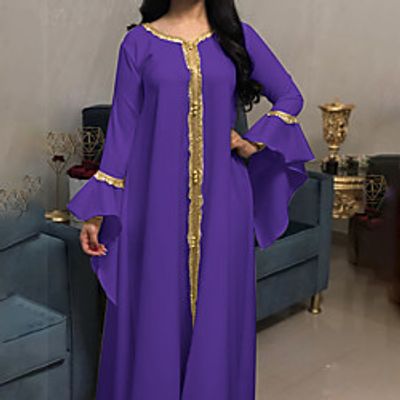 Women's Shift Dress Maxi long Dress Green Blue White Purple Light Blue Long Sleeve Pure Color Embroidered Ruffle Spring Summer V Neck Elegant Muslim Ramadan 2022 S M L XL XXL miniinthebox