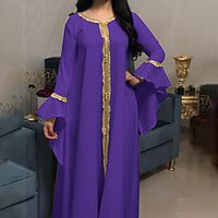 Women's Shift Dress Maxi long Dress Green Blue White Purple Light Blue Long Sleeve Pure Color Embroidered Ruffle Spring Summer V Neck Elegant Muslim Ramadan 2022 S M L XL XXL miniinthebox - thumbnail