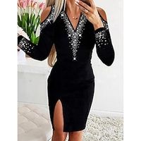 Women's Bodycon Knee Length Dress Black Long Sleeve Polka Dot Sequins Split Cold Shoulder Spring Summer V Neck Stylish Modern 2022 S M L XL 2XL 3XL Lightinthebox - thumbnail