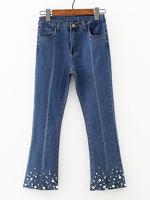 Casual Women Solid Color Beeded Stretch Jeans - thumbnail