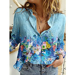 Women's Floral Theme 3D Printed Blouse Shirt 3D Flower Long Sleeve Button Print Shirt Collar Basic Tops Blue miniinthebox