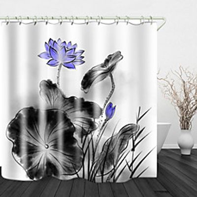 Ink Lotus Print Waterproof Fabric Shower Curtain for Bathroom Home Decor Covered Bathtub Curtains Liner Includes with Hooks 72 Inch miniinthebox