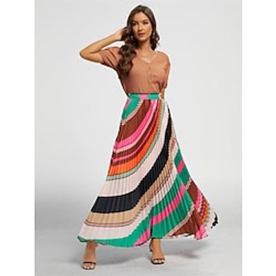 Women's Skirt Swing Long Skirt Maxi Polyester Rainbow Skirts Spring  Summer Print Pleated Fashion Casual Street Daily S M L Lightinthebox