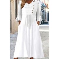 Women's A Line Dress Midi Dress White 34 Length Sleeve Pure Color Ruched Button Fall Winter V Neck Casual Modern 2022 S M L XL 2XL 3XL Lightinthebox - thumbnail