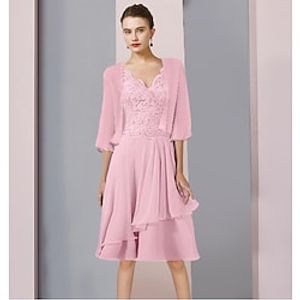 Two Piece A-Line Mother of the Bride Dress Formal Wedding Guest Elegant V Neck Knee Length Chiffon Lace 34 Length Sleeve Wrap Included with Beading Sequin Appliques 2023 Lightinthebox