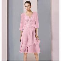 Two Piece A-Line Mother of the Bride Dress Formal Wedding Guest Elegant V Neck Knee Length Chiffon Lace 34 Length Sleeve Wrap Included with Beading Sequin Appliques 2023 Lightinthebox - thumbnail