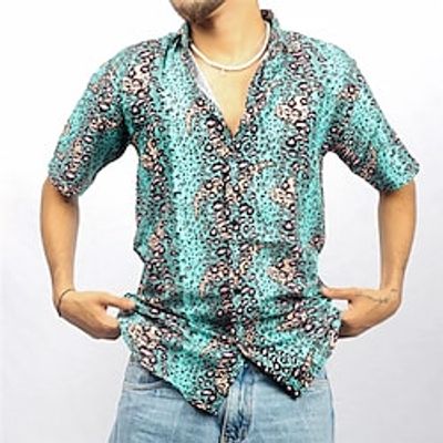 Men's Shirt Leopard Graphic Prints Vintage Turndown Blue Street Casual Short Sleeves Button-Down Print Clothing Apparel Vintage Fashion Streetwear Designer Lightinthebox