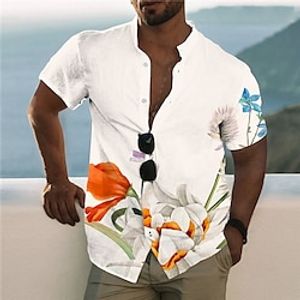 Men's Shirt Graphic Shirt Floral Stand Collar White 3D Print Outdoor Casual Short Sleeve Button-Down Print Clothing Apparel Fashion Designer Casual Comfortable  Sports Lightinthebox