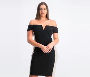 Womens Beaded Side Stripe Off The Shoulder Cocktail Dress  Black