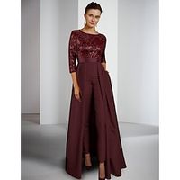 Jumpsuit  Pantsuit Mother of the Bride Dress Formal Wedding Guest Elegant Scoop Neck Floor Length Lace Taffeta Sequined 34 Length Sleeve with Pleats Solid Color 2023 Lightinthebox