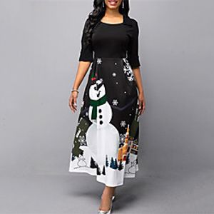 Women's Vintage A Line Dress Maxi long Dress Black Half Sleeve Print Print Fall Winter Round Neck Casual Christmas 2021 S M L XL Lightinthebox