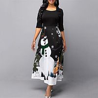 Women's Vintage A Line Dress Maxi long Dress Black Half Sleeve Print Print Fall Winter Round Neck Casual Christmas 2021 S M L XL Lightinthebox - thumbnail
