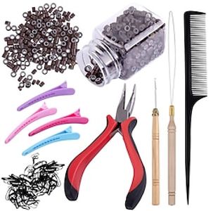 Hair Extensions Kit 500 Pcs Brown Micro Ring Beads 1 Micro Beads Plier 2 Hook Needle Pulling Loop 4 Plastic Alligator Hair Clips 1 Comb and 2 Bags Black Mini Rubber Hair Elastic Lightinthebox