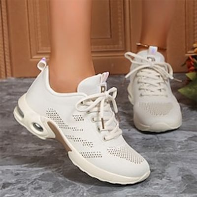 Women's Sneakers Plus Size Outdoor Flat Heel Round Toe Fashion Sporty Casual Walking Tissage Volant Lace-up Solid Color Khaki Lightinthebox