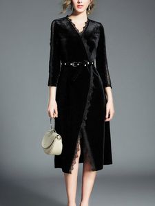 Velvet Patchwork V-Neck Solid Lace Dresses