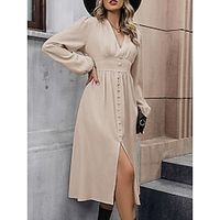 Women's Casual Dress A Line Dress Plain Dress Midi Dress Button Split Street Date Streetwear Basic V Neck Long Sleeve Regular Fit Apricot Color S M L XL Size Lightinthebox - thumbnail