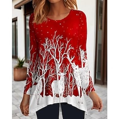 Women's T shirt Tee Christmas Shirt Red Reindeer Flowing tunic Print Long Sleeve Christmas Weekend Festival / Holiday Round Neck Regular Fit Painting Spring   Fall miniinthebox