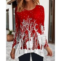 Women's T shirt Tee Christmas Shirt Red Reindeer Flowing tunic Print Long Sleeve Christmas Weekend Festival / Holiday Round Neck Regular Fit Painting Spring   Fall miniinthebox - thumbnail