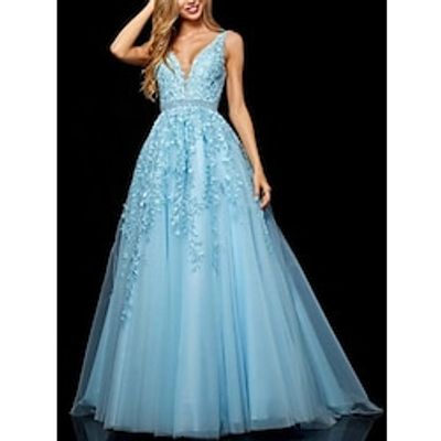 A-Line Prom Dresses Elegant Dress Formal Prom Floor Length Sleeveless V Neck Tulle with Beading Embroidery Appliques 2023 Lightinthebox