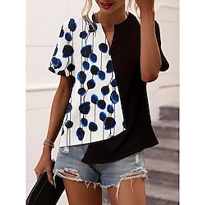 Women's Shirt Blouse Black Pink Navy Blue Floral Asymmetric Print Short Sleeve Casual Holiday Basic V Neck Regular Floral S miniinthebox