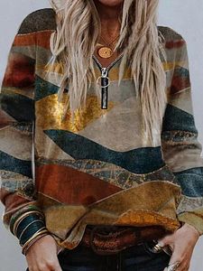 V Neck Zip-up Print Long Sleeve T-shirt